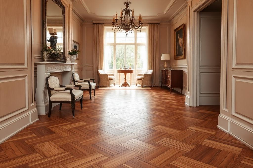 Gerenoveerde visgraat parketvloer in een klassiek interieur